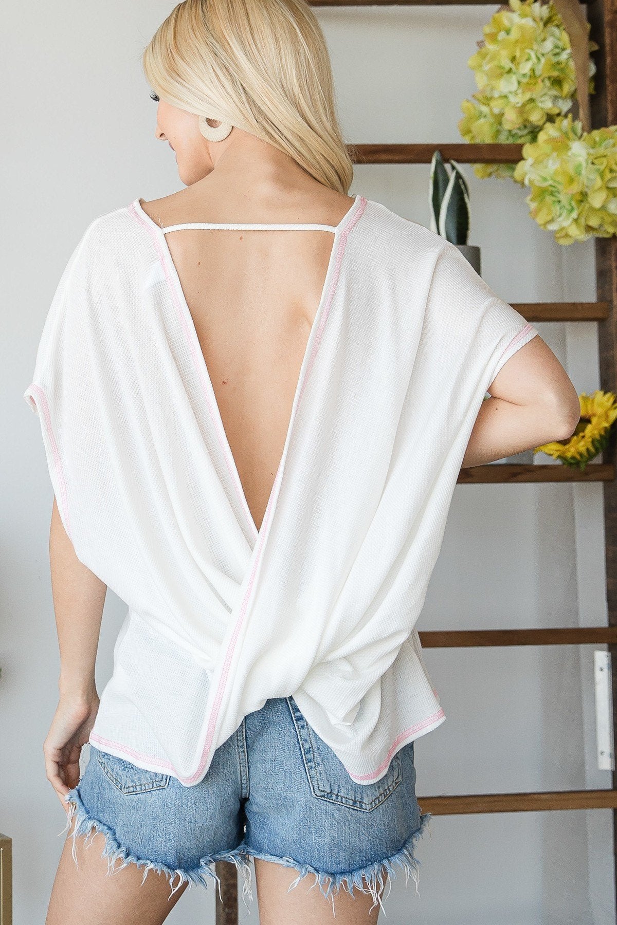 Ivory Contrast-Stitch Wide-Sleeve Top Secondary image