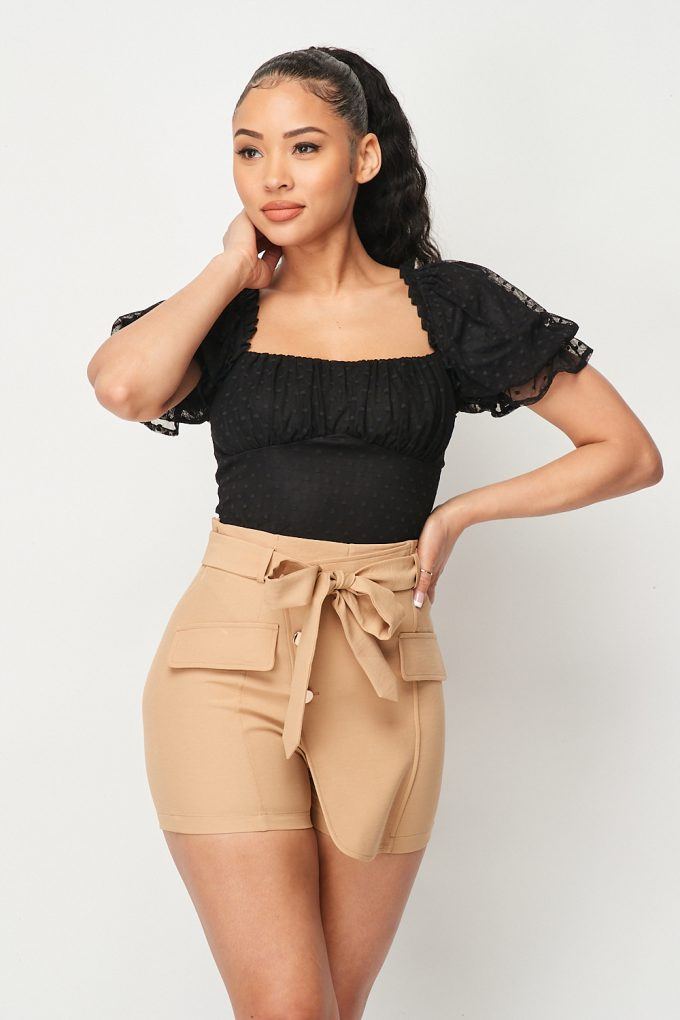 Black Polkadot Mesh Puff Sleeve Bodysuit Secondary image