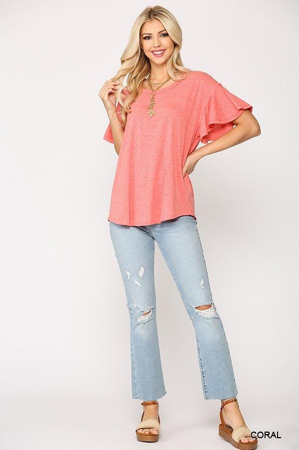 Coral Ruffle-Sleeve Round-Neck Top Secondary image