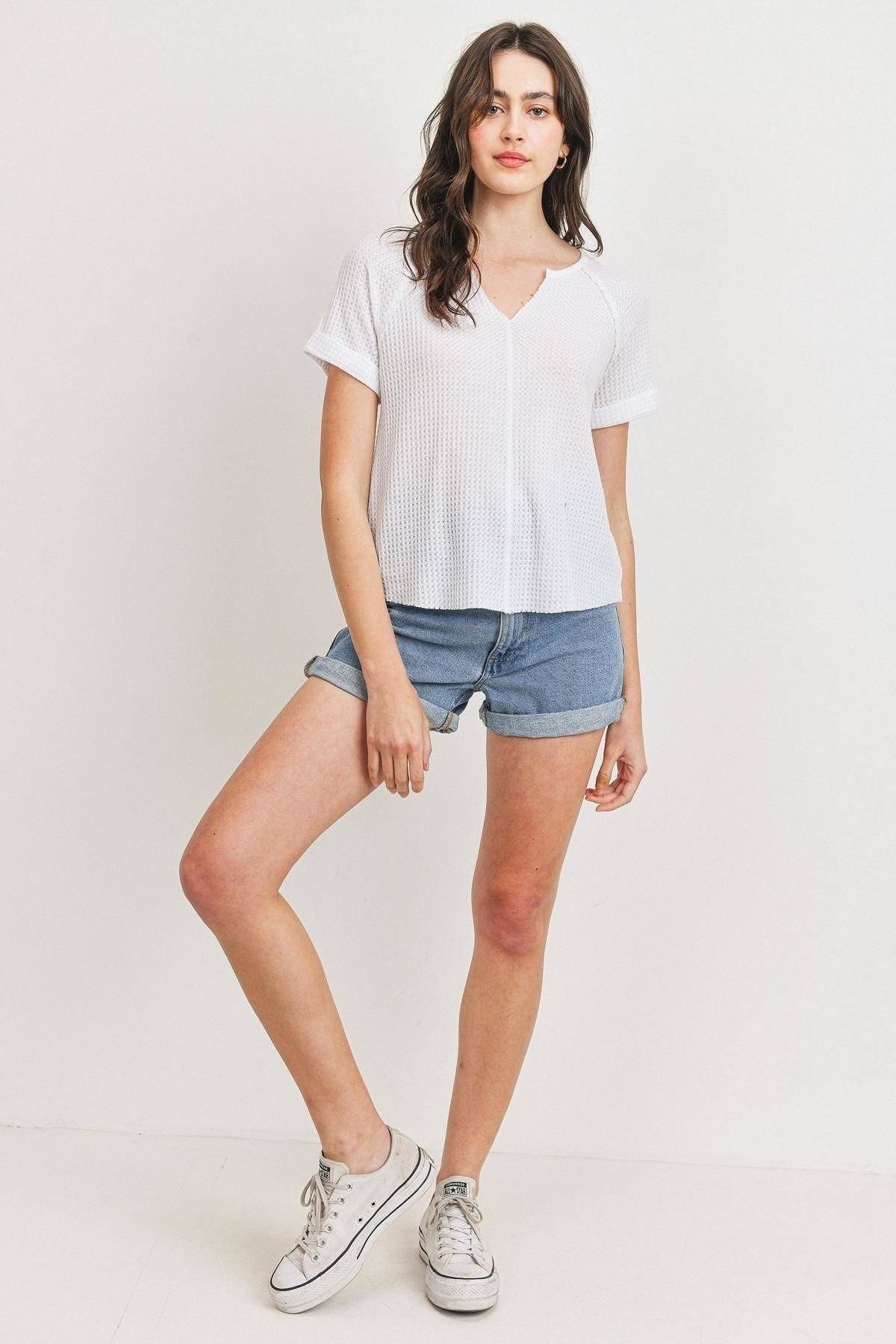 Waffle V-Neck Raw-Edge Short-Sleeve Top Secondary image