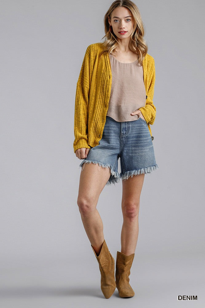 High-Rise Denim Shorts with Frayed Raw Hem Secondary image