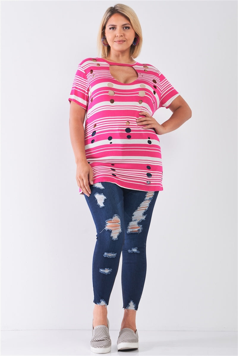 Plus Fuchsia Striped Distressed Cutout Top Secondary image