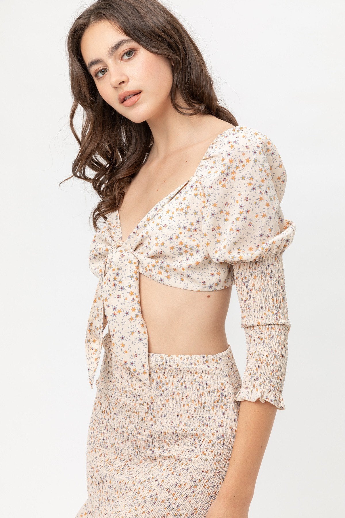 Cream Floral Print Tie-Front Woven Top Secondary image