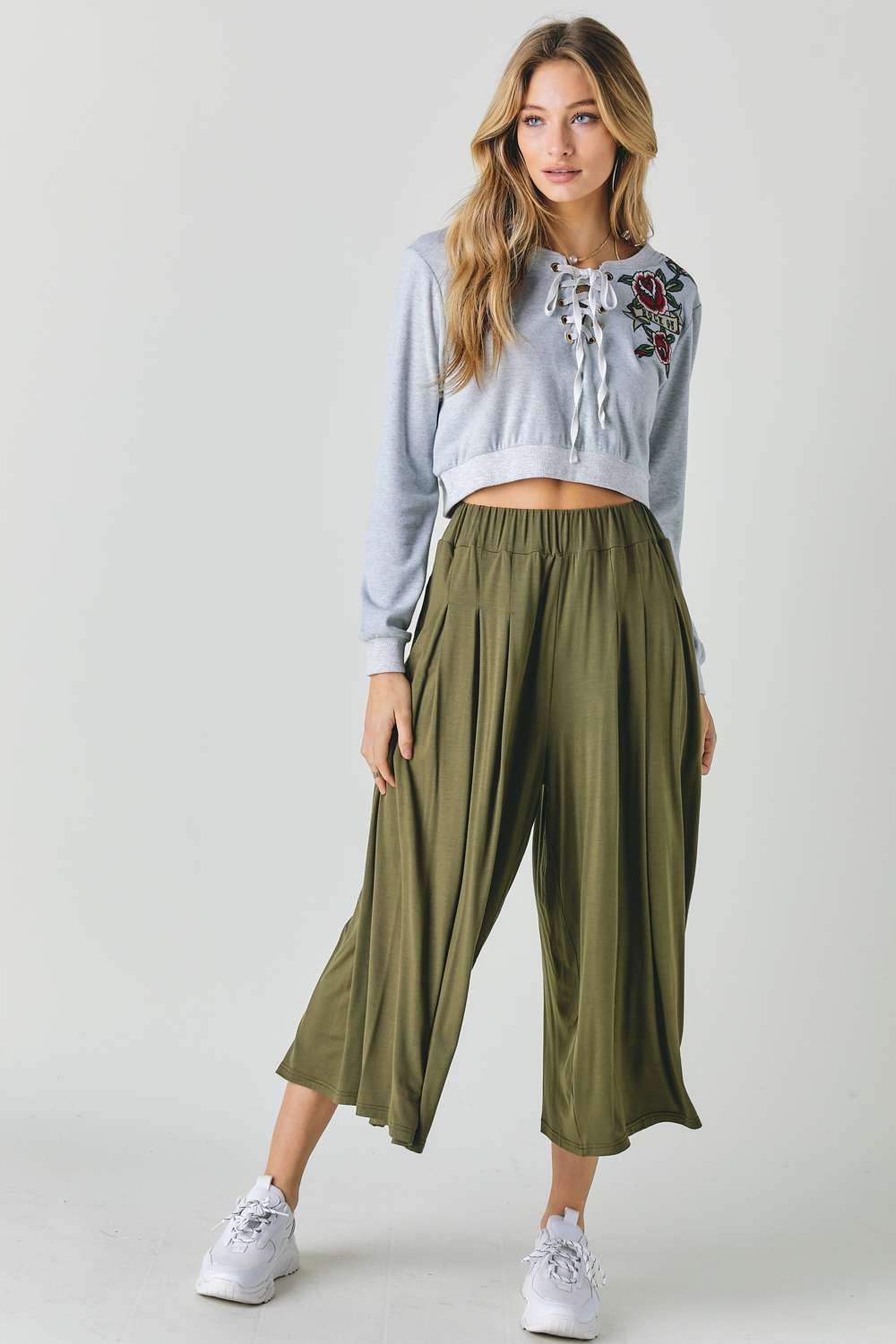 Heather Grey Floral Lace-Up Cropped Sweatshirt Secondary image
