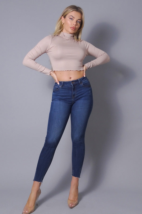 Taupe Long-Sleeve Mock Neck Lettuce-Edge Crop Top Secondary image