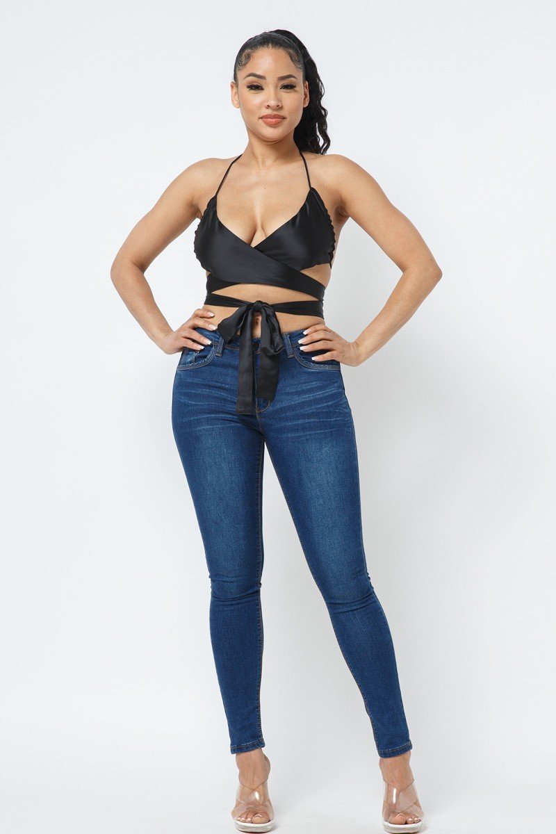 Black Satin Wrap Tie Top Secondary image