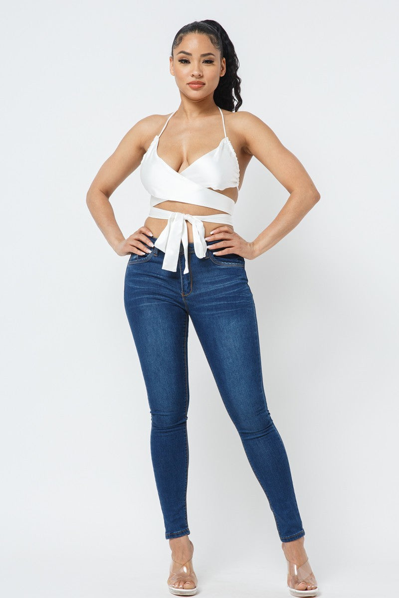 White Satin Wrap-Front Halter Crop Top Secondary image