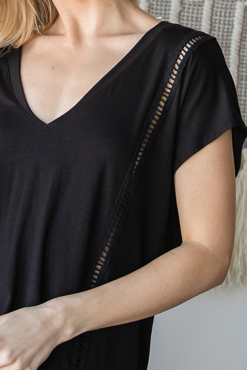 Black V-Neck Top with Openwork Trim Secondary image