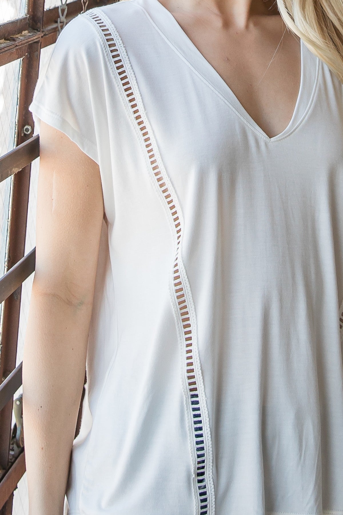 Ivory V-Neck Top with Sheer Trim Secondary image