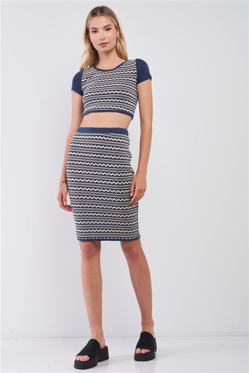 Navy and White Zigzag Crop Top and Pencil Skirt Set Secondary image