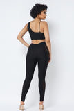 Mesh Strappy Adjustable Ruched Crop Top With Matching See Through Side Panel Leggings