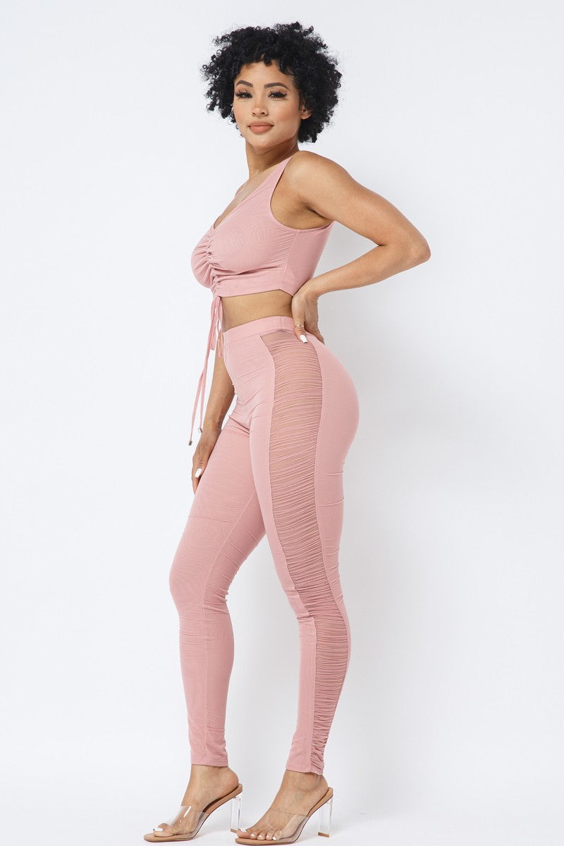 Mesh Strappy Adjustable Ruched Crop Top With Matching See Through Side Panel Leggings