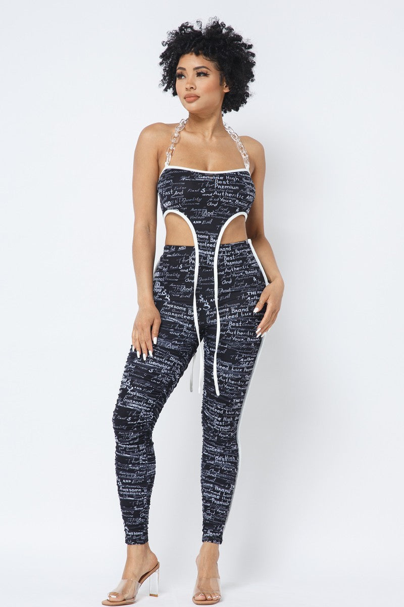 Black Printed Chain-Strap Crop Top and Leggings Set Secondary image