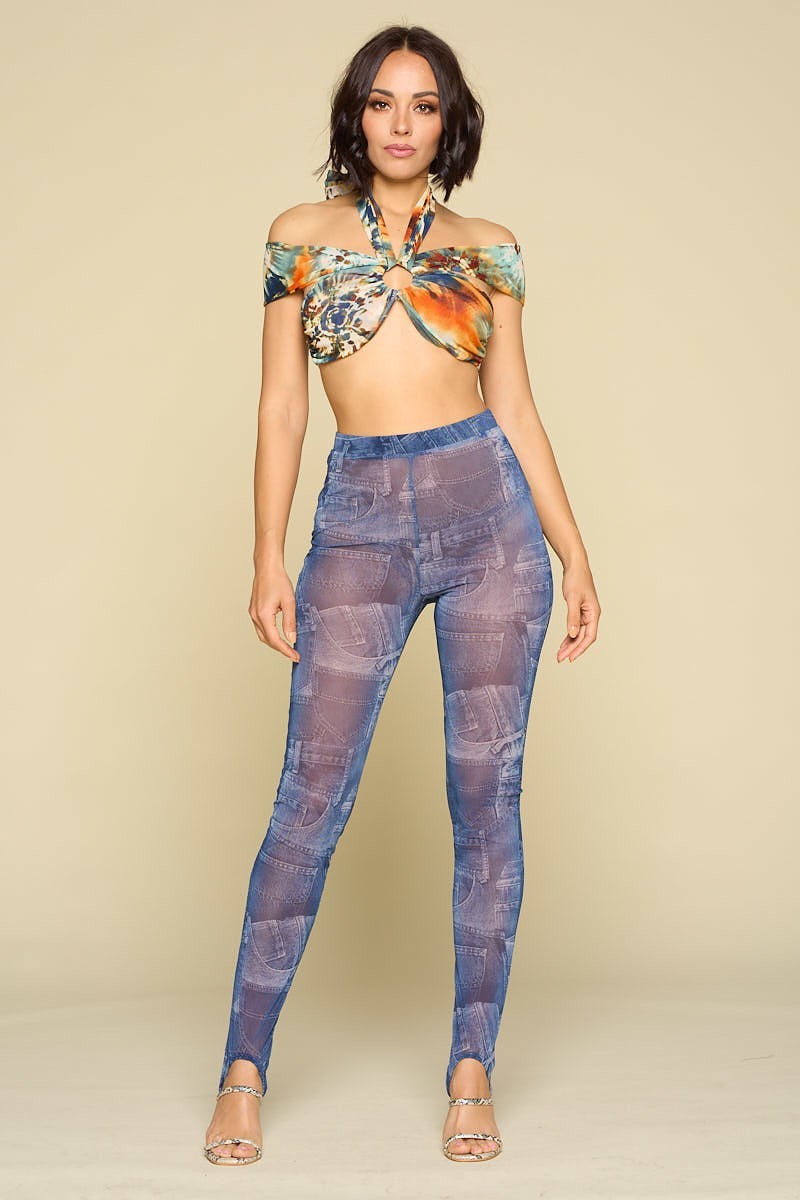 Teal and Orange Cutout Halter Crop Top Secondary image