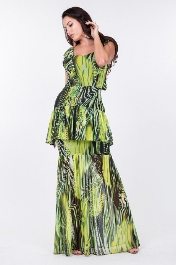 Lime Multi Printed Tiered Ruffle-Sleeve Maxi Dress Secondary image