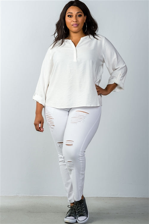 Plus Size Roll-Tab Sleeve Blouse with Stand-Up Collar Secondary image