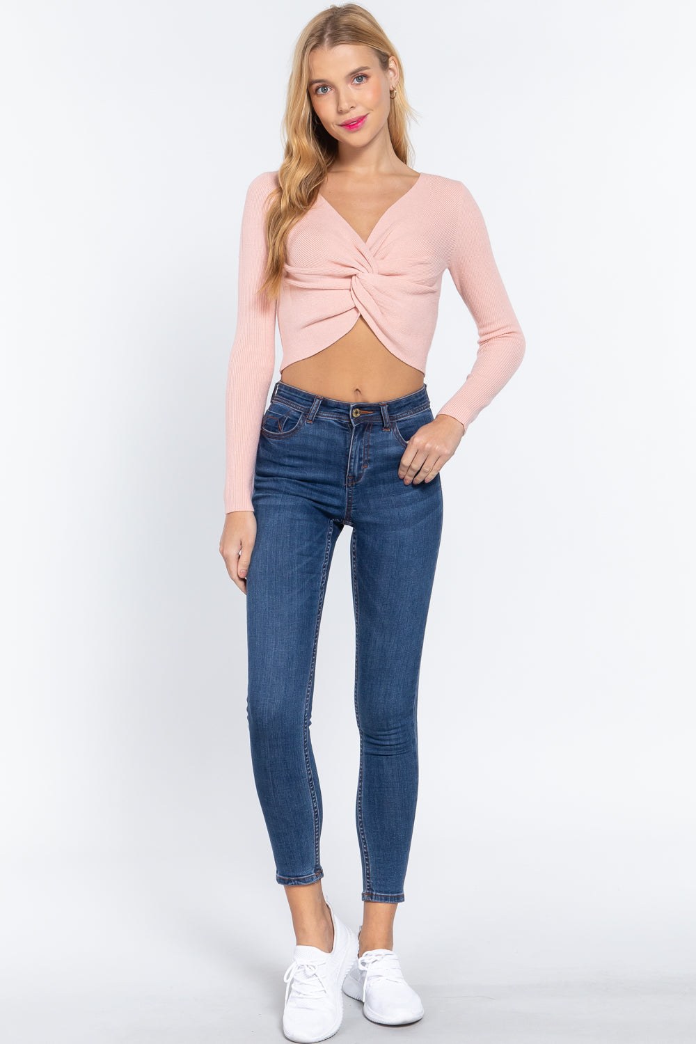 Light Pink V-Neck Knotted Crop Sweater Secondary image