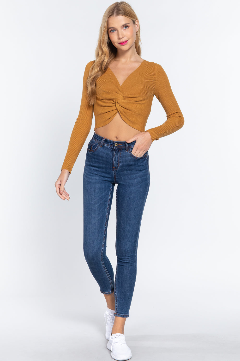 Ochre V-Neck Knotted Crop Sweater Secondary image