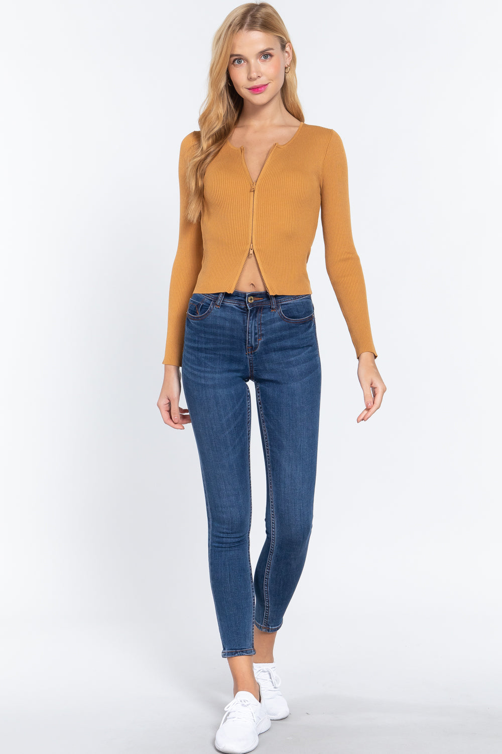 Ochre Ribbed Sweater Top with Front Zipper Secondary image