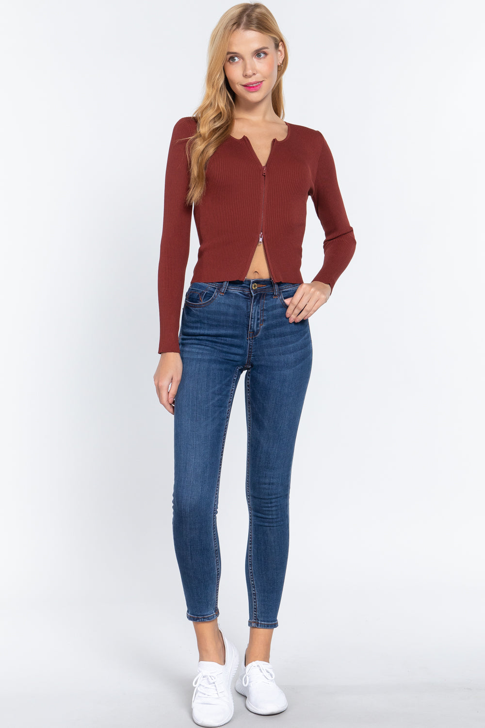Terracotta Ribbed Sweater Top with Front Zipper Secondary image