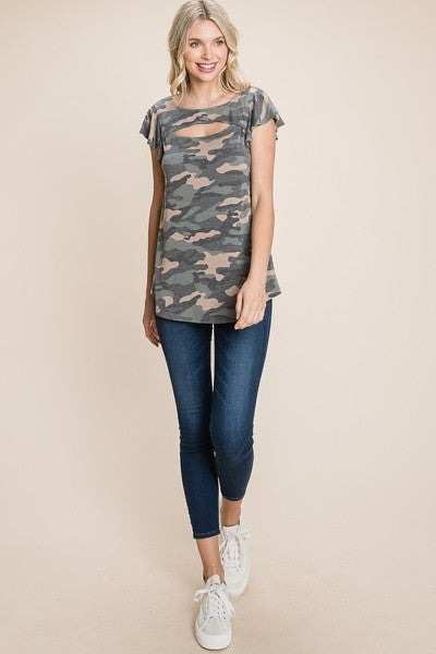 Olive Camo Cutout Neck Flutter Sleeve Top Secondary image