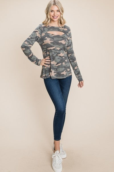 Camo Print Cutout Neck Long-Sleeve Top Secondary image