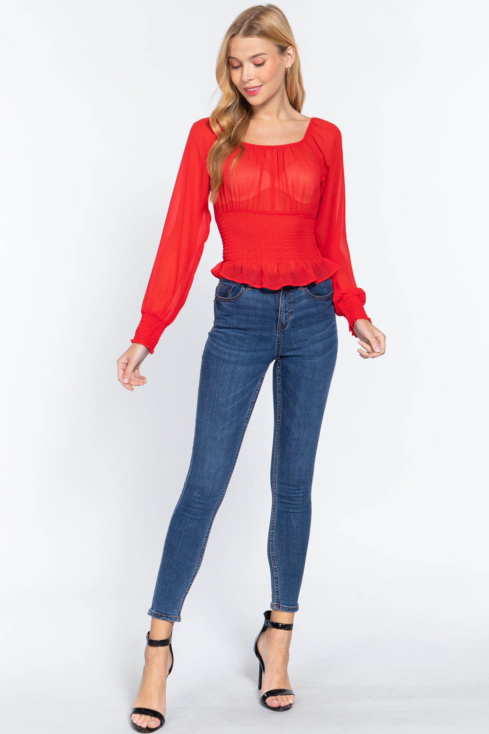 Red Smocked Chiffon Peplum Top Secondary image