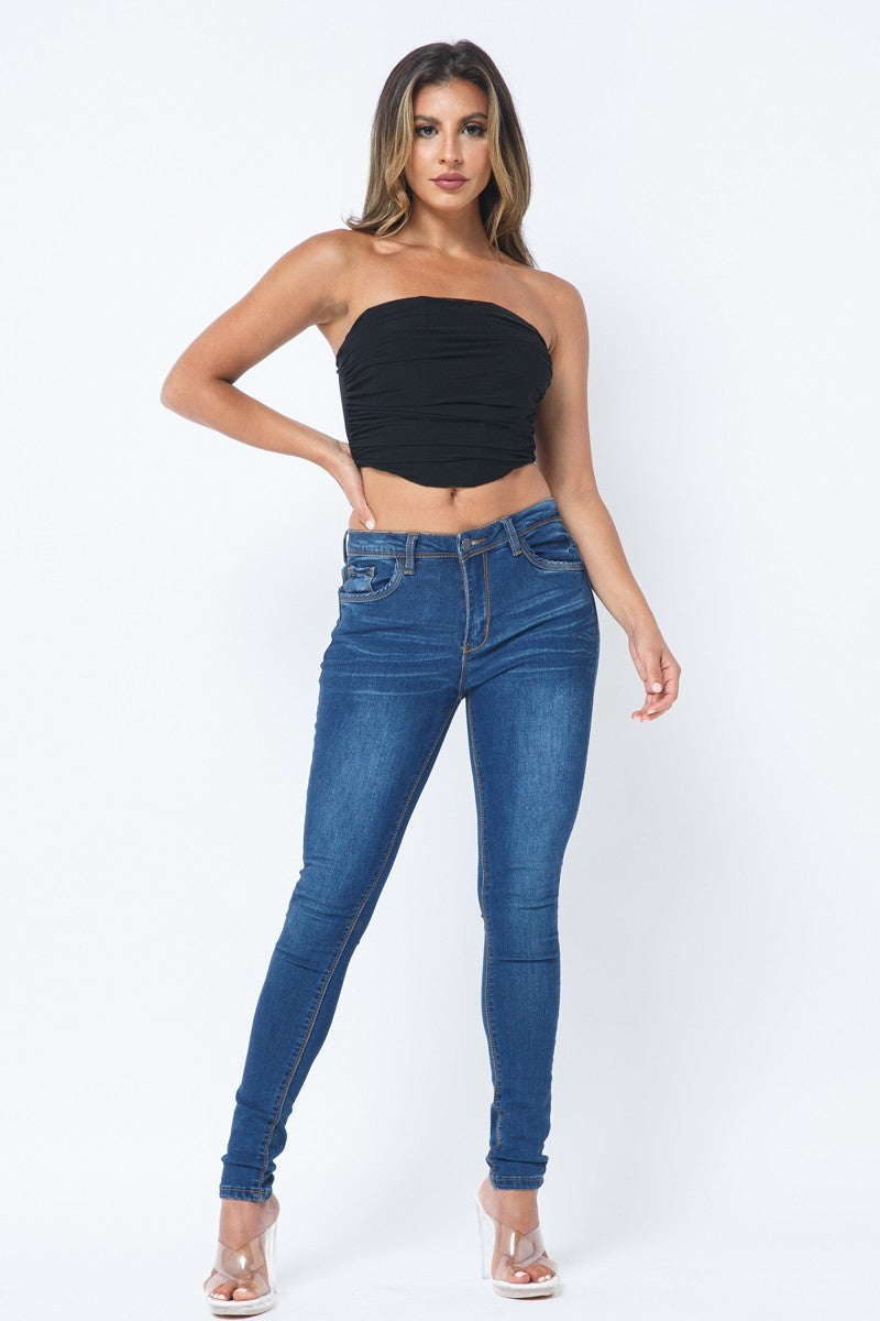 Black Strapless Ruched Top in Nylon-Spandex Secondary image