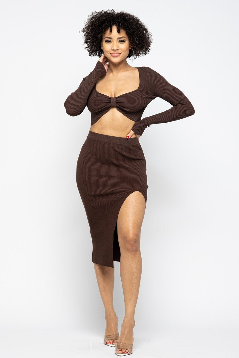 Chocolate Ribbed Tie-Front Crop Top and High-Slit Skirt Set Secondary image