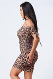 Leopard Print Off Shoulder Shirring Bodycon Dress