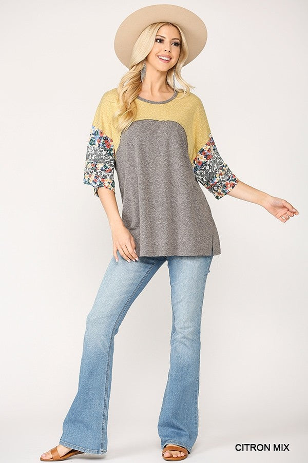 Citron Mix Floral Sleeve Colorblock Knit Top Secondary image