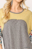 Colorblock Knit And Floral Print Mixed Top With Dolman Sleeve