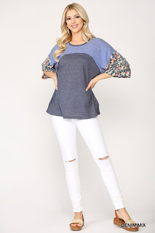 Floral Sleeve Mixed Knit Top Secondary image