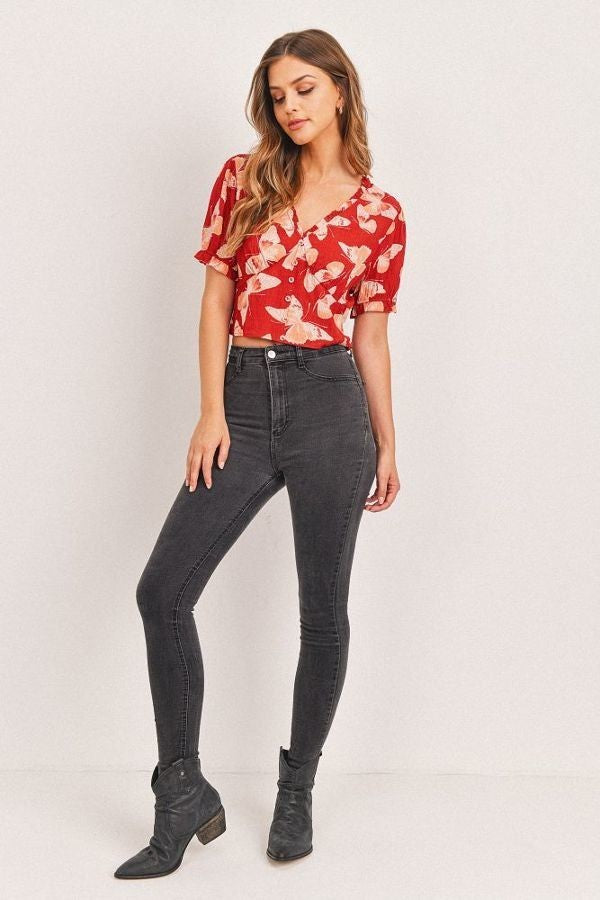 Butterfly Print Surplice Crop Top With Button Front Secondary image