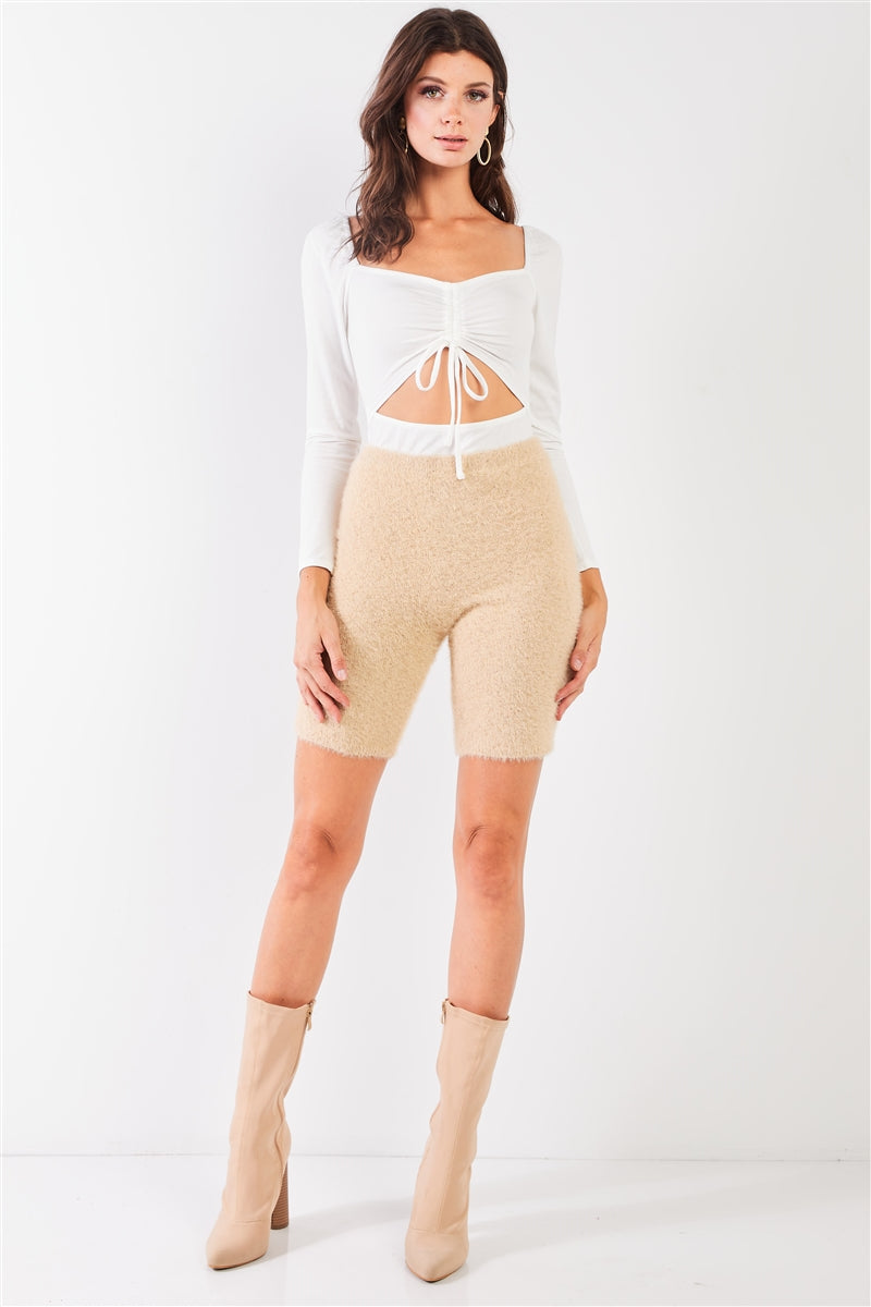 Oatmeal Fuzzy Knit High-Waisted Biker Shorts Secondary image