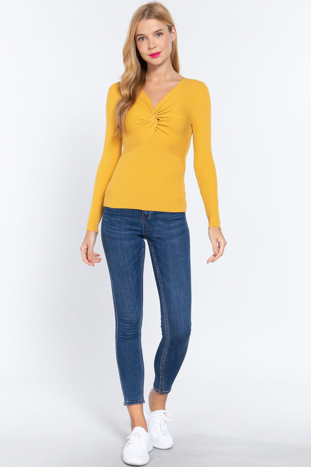 Honey Mustard V-Neck Twisted Front Sweater Secondary image