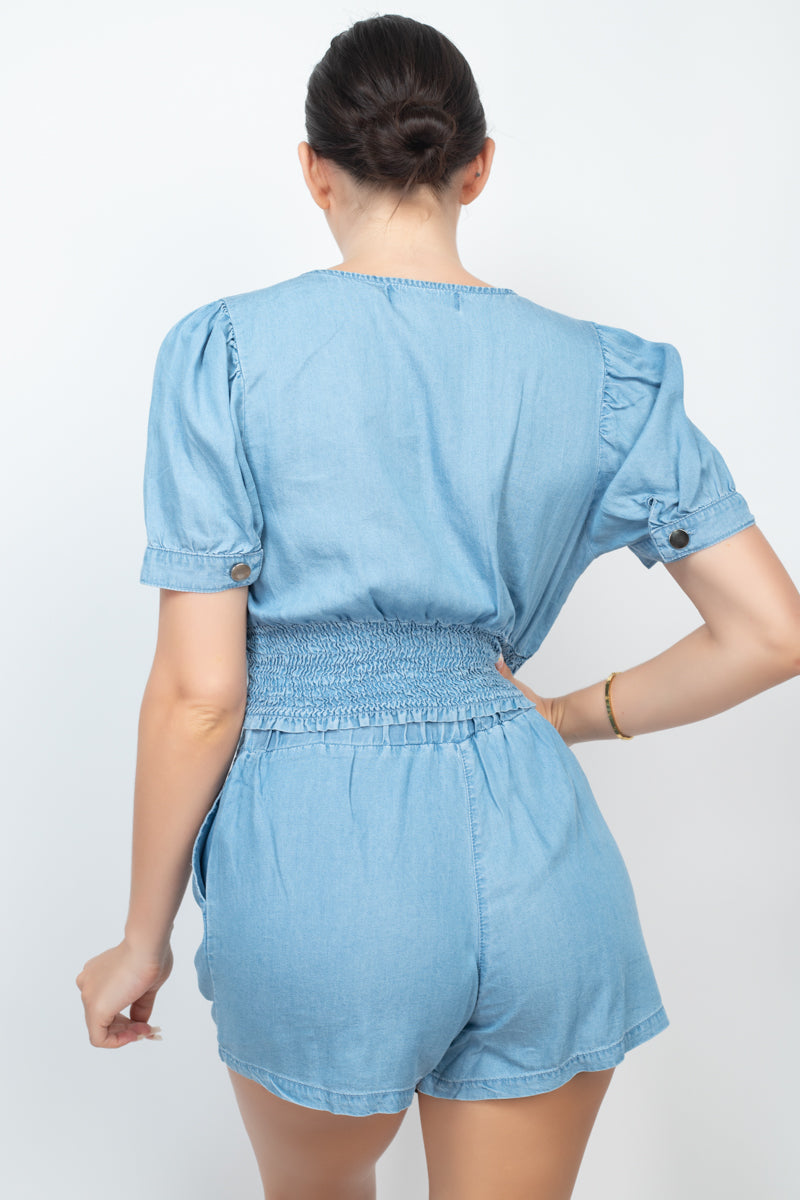 Button-front Denim Top And Shorts Set