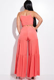 Solid Tie Front Spaghetti Strap Tank Top And Tiered Wide Leg Pants Two Piece Set