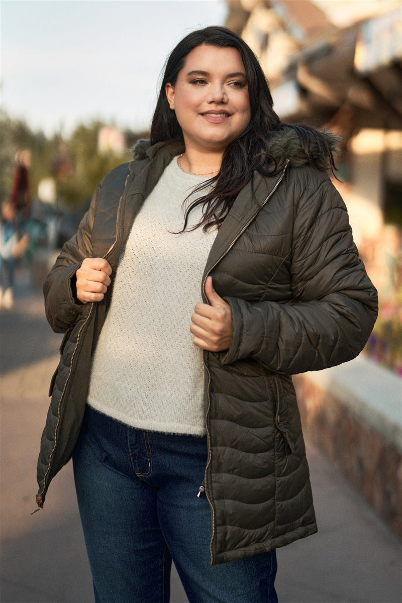 Plus Size Vegan Fur Double-sided Cotton Twill Parka & Puffer Jacket