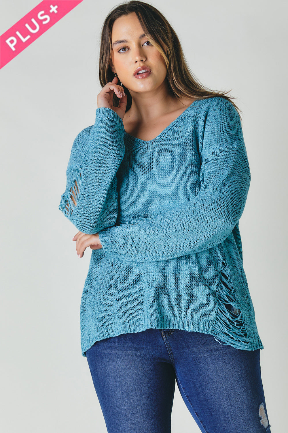 Plus Size Blue Distressed Knit Sweater Secondary image