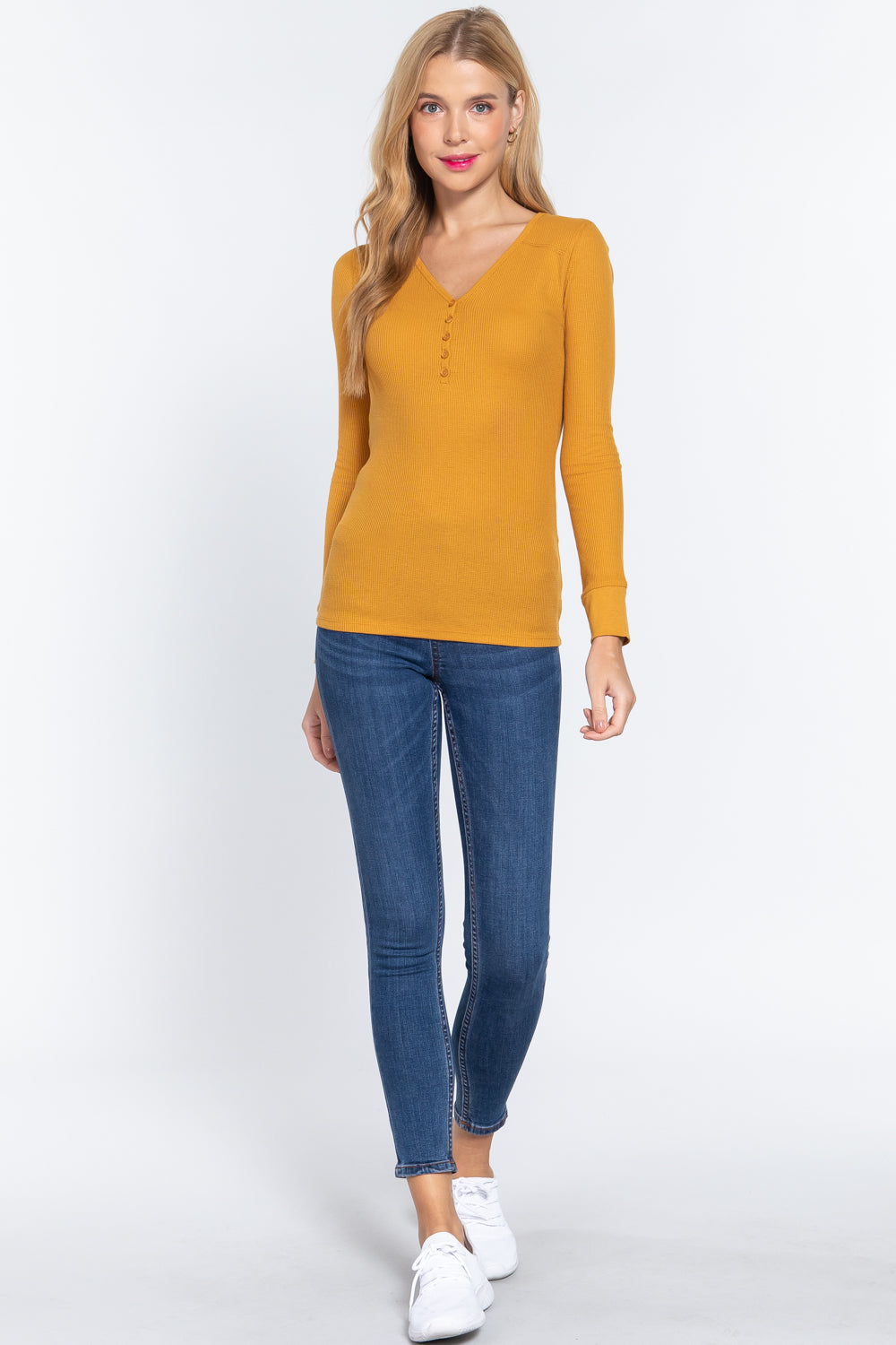Mustard V-Neck Button-Placket Thermal Top Secondary image