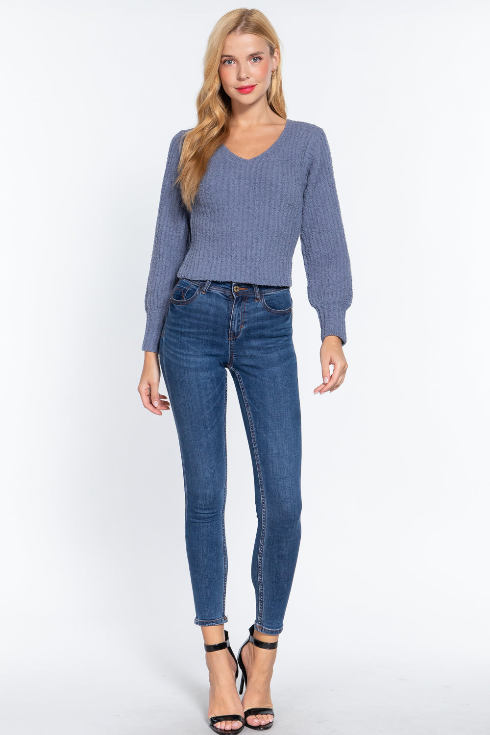 Vintage Blue V-Neck Ribbed Long-Sleeve Sweater Secondary image