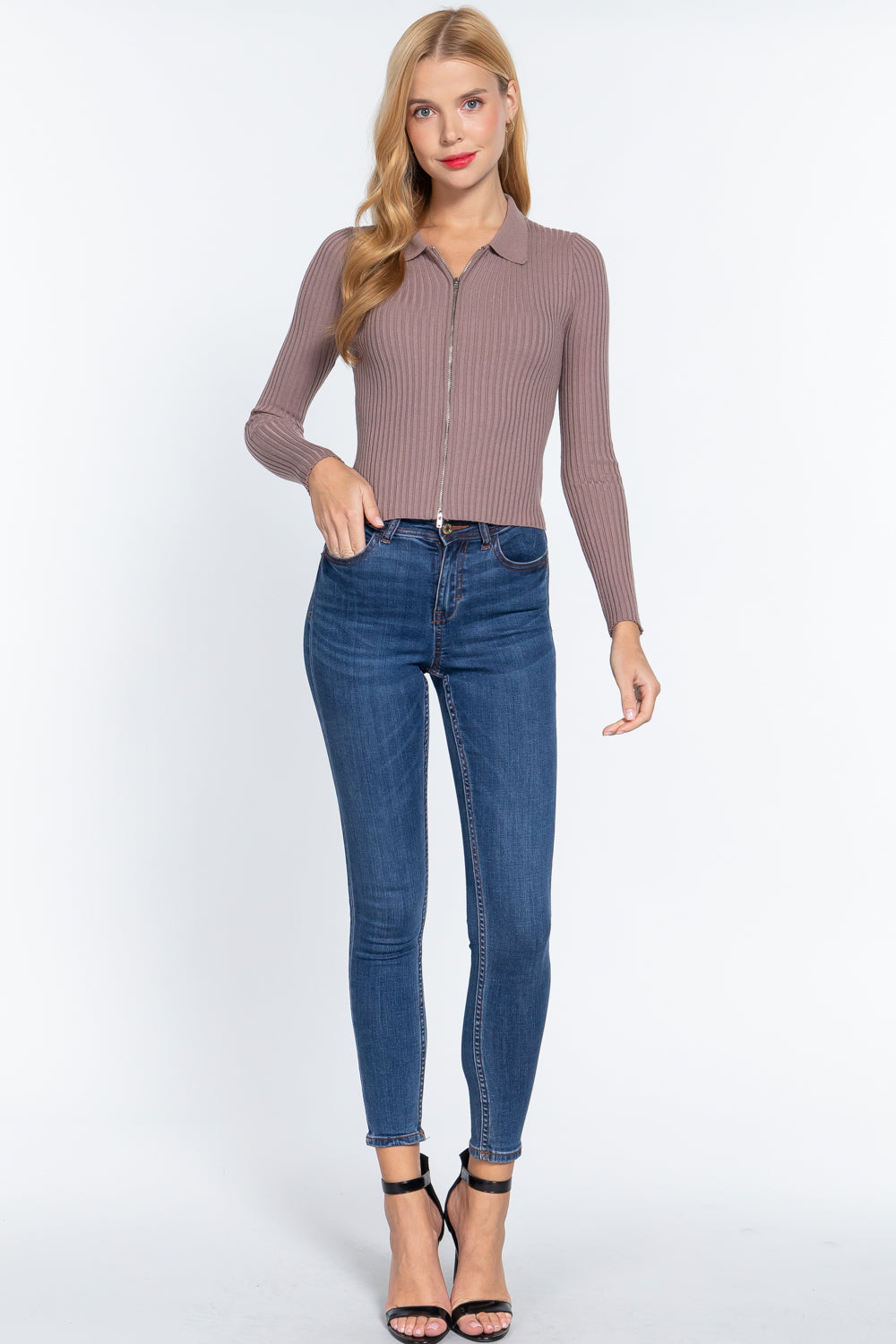 Mauve Ribbed Zip-Front Sweater with Notched Collar Secondary image
