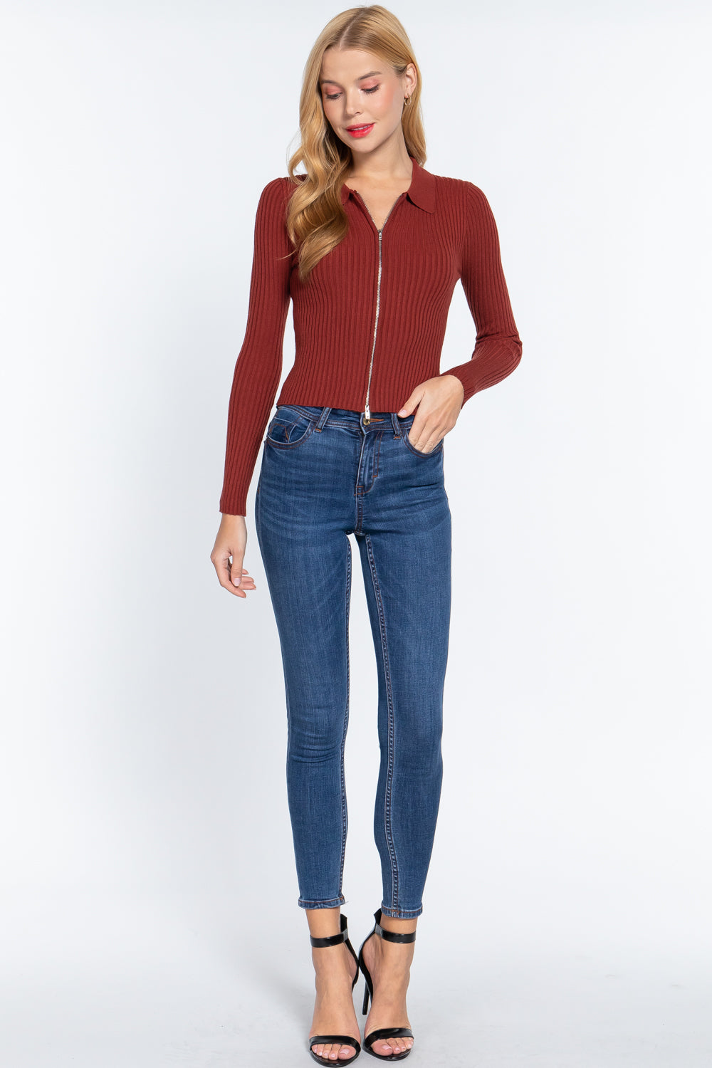 Brick Ribbed Sweater with Notched Collar and Front Zip Secondary image