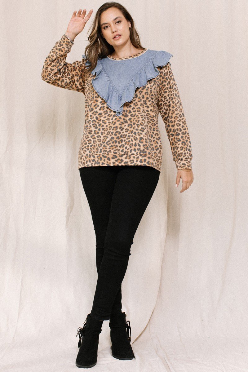 Leopard Print Denim Ruffle Yoke Top Secondary image