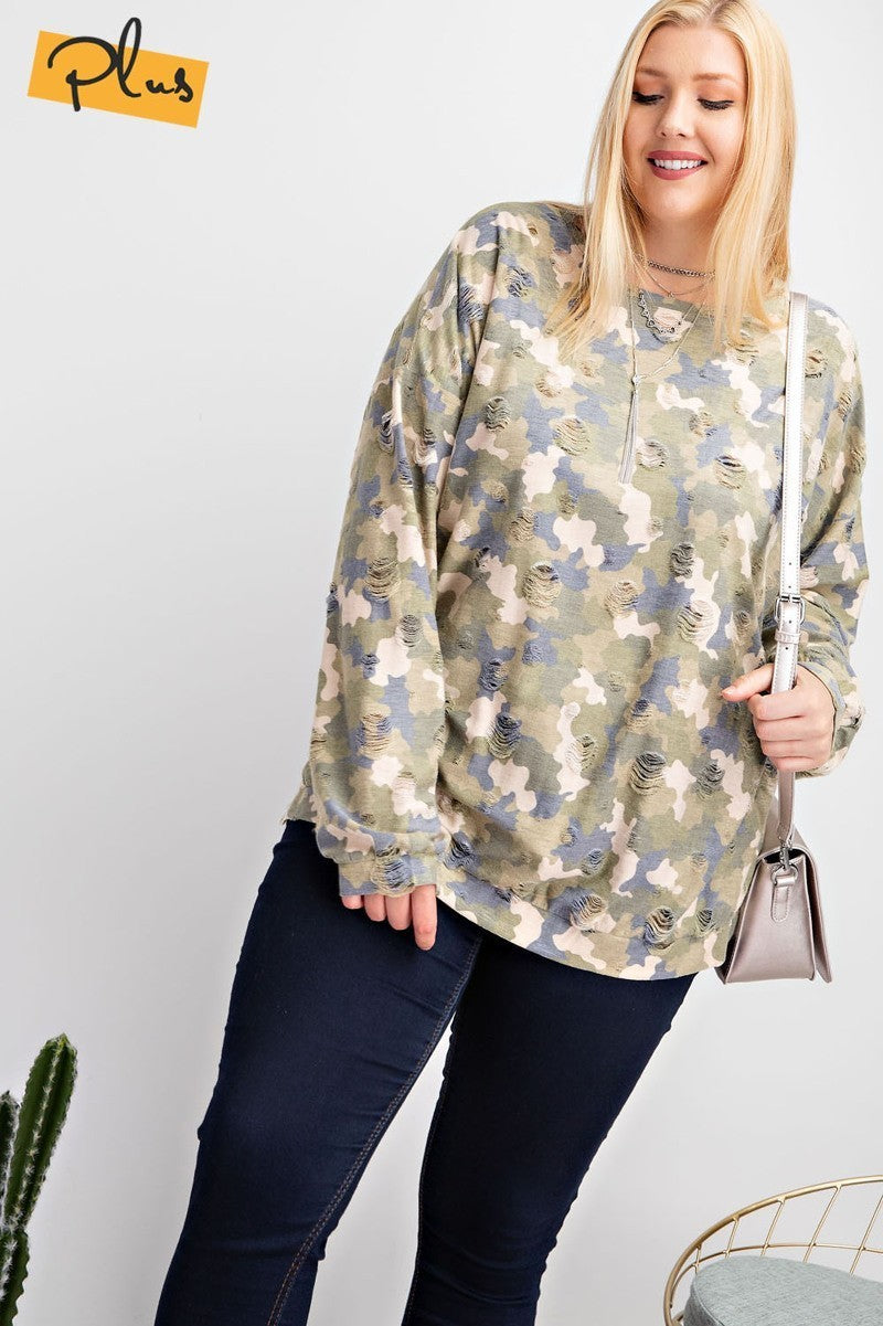 Plus Size Faded Sage Distressed Camo Pullover Top Secondary image