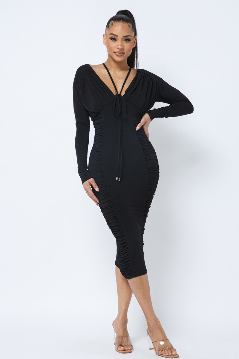 Black Ruched Long-Sleeve Midi Dress Secondary image