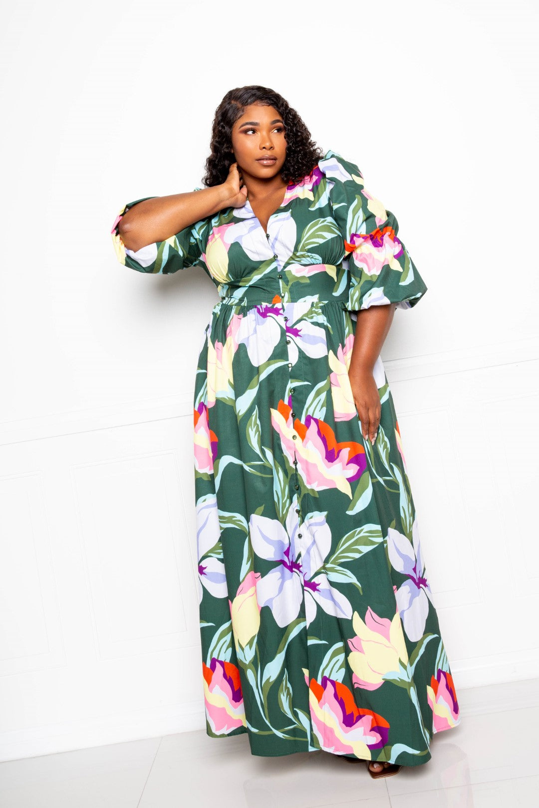 Olive Multi Floral Puff-Sleeve Button-Front Maxi Dress Secondary image