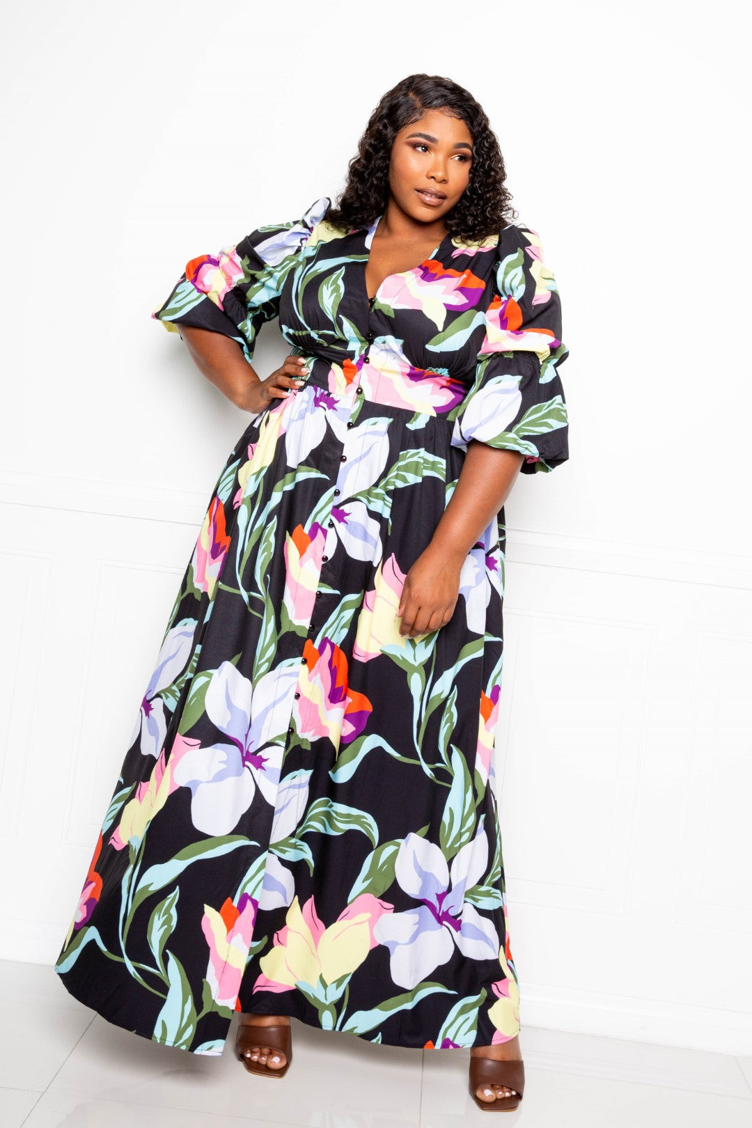 Floral Puff Sleeve Button-Front Maxi Dress Secondary image