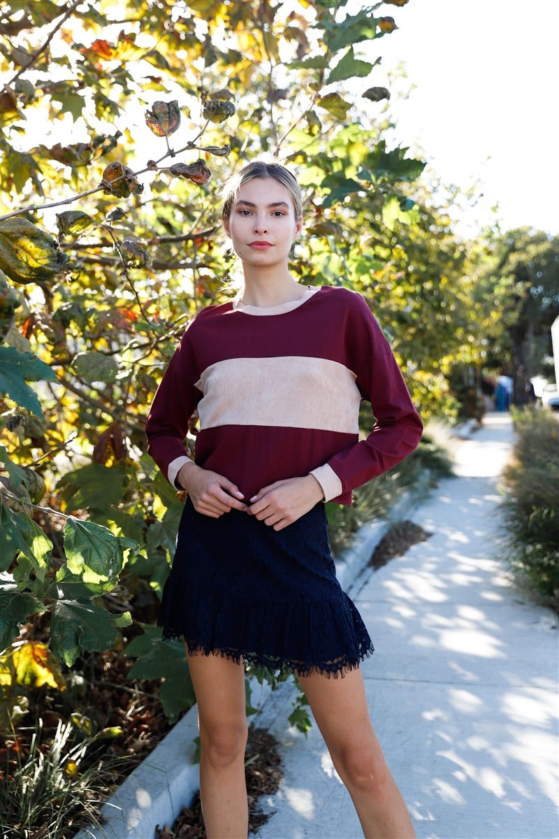 Burgundy Contrast Panel Long Sleeve Crop Top Secondary image